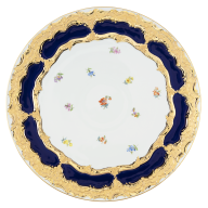 Platzteller, Form "B-Form", gestreute Blümchen, königsblau glasiert, Goldbronze, Ø 33 cm