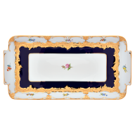 Platte, eckig, Form "B-Form", gestreute Blümchen, königsblau glasiert, Goldbronze, L 29 cm