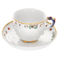 Espressotasse, Form "Schwanendessin", Indische Blumenzweige, gestreute Blümchen, Goldkante, Goldrand, V 0,1 l