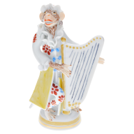 Affenmusiker Kleinpl/Harfe, Blau und Rot staffiert, H 10,5 cm