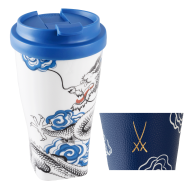 Coffee to go Becher mit Kunststoffdeckel und Manschette, Form "Nova", Glücksdrache, V 0,35 l