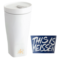 Coffee to go Becher mit Porzellandeckel und Manschette, Monogramm, 2 Buchstaben, gold, Form "Nova", Weiß, V 0,35 l