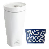 Coffee to go Becher mit Porzellandeckel und Manschette, Monogramm, 2 Buchstaben, platin, Form "Nova", Weiß, V 0,35 l