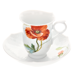 Kaffeetasse, Form "Wellenspiel Relief", Blumenmalerei "Wilder Mohn", rot, weißer Rand, V 0,15 l