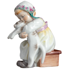 Miniaturhentschelkind, Kind mit Katze, Bunt staffiert, Kappe mit Rosen, H 9,5 cm