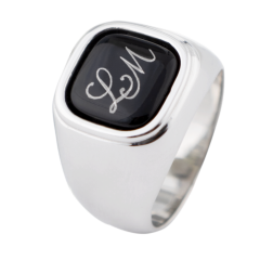 Master-Signet Ring square with monogram (2 letters) in Platinum on black fond, 925 sterling silver