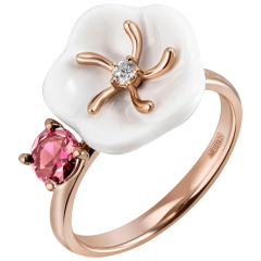 Ring Royal Blossom Gem "Turmalin Rosa", 750 Roségold,  50 mm, 1 Porzellanblüte M, 1 Turmalin Rosa 0,51 ct, 1 Brillant 0,04 ct, TW,