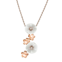 Collier Royal Blossom Bouquet, 750 Roségold, 5 Blüten S/XS, 2 Porzellanblüten S, 2 Brillanten 0,04 ct, TW, VSI, Vollschliff Gut, 3