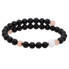 Bangle Pearl Collection Onyx, asymmetrical, 1 porcelain pearl 8 mm, 4 pearls 6 mm 925 silber rose plated, 32 onyx pearls 6 mm