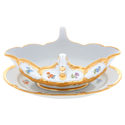 Sauciere, Form "B-Form", Gestreute Blümchen, bunt, Goldbronze, leicht, V 0,45 l