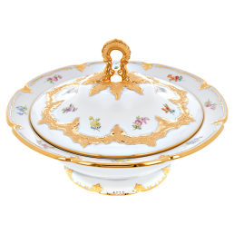 Deckelschüssel, Form "B-Form", Gestreute Blümchen, bunt, Goldbronze, leicht, V 1,2 l