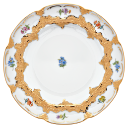 Speiseteller, Form "B-Form", Gestreute Blümchen, bunt, Goldbronze, leicht, Ø 22 cm