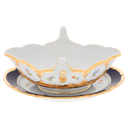 Sauciere, Form "B-Form", gestreute Blümchen, königsblau glasiert, Goldbronze, V 0,45 l