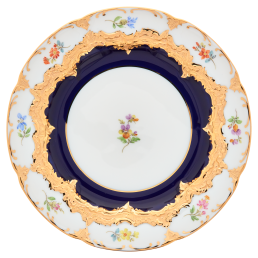 Brotteller, Form "B-Form", gestreute Blümchen, königsblau glasiert, Goldbronze, Ø 15,5 cm