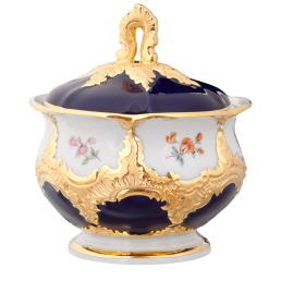 Zuckerdose, Form "B-Form", gestreute Blümchen, königsblau glasiert, Goldbronze, H 12 cm