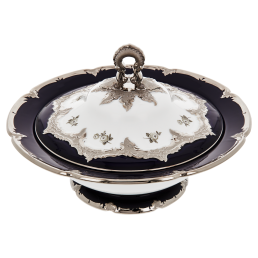 Deckelschüssel, Form "B-Form", Gestreute Röschen, weiß-grau, königsblau, Glanzplatin, V 1,2 l