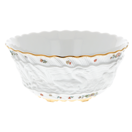 Schüssel, mittel, Form "Schwanendessin", Indische Blumenzweige, gestreute Blümchen, Goldkante, Goldrand, Ø 18 cm