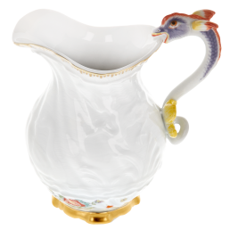 Milchkännchen, klein, Form "Schwanendessin", Indische Blumenzweige, gestreute Blümchen, Goldkante, Goldrand, V 0,15 l