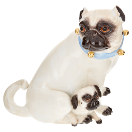 Hundegruppe Mops mit Kind und Schellen, Bunt und gold staffiert, H 18 cm