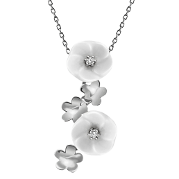 Collier Royal Blossom Bouquet, 750 Weißgold, 5 Blüten S/XS, 2 Porzellanblüten S, 2 Brillanten 0,04 ct, TW, VSI, Vollschliff Gut, 3