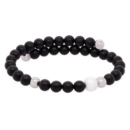 Bangle Pearl Collection Onyx, asymmetrical, 1 porcelain pearl 8 mm, 4 pearls 6 mm 925 sterling silver, 32 onyx pearls 6 mm