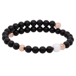 Bangle Pearl Collection Onyx, asymmetrical, 1 porcelain pearl 8 mm, 4 pearls 6 mm 925 silber rose plated, 32 onyx pearls 6 mm