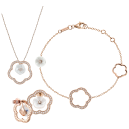 Set Royal Blossom Frame Earrings, Bracelet & Collier, 750 rose gold